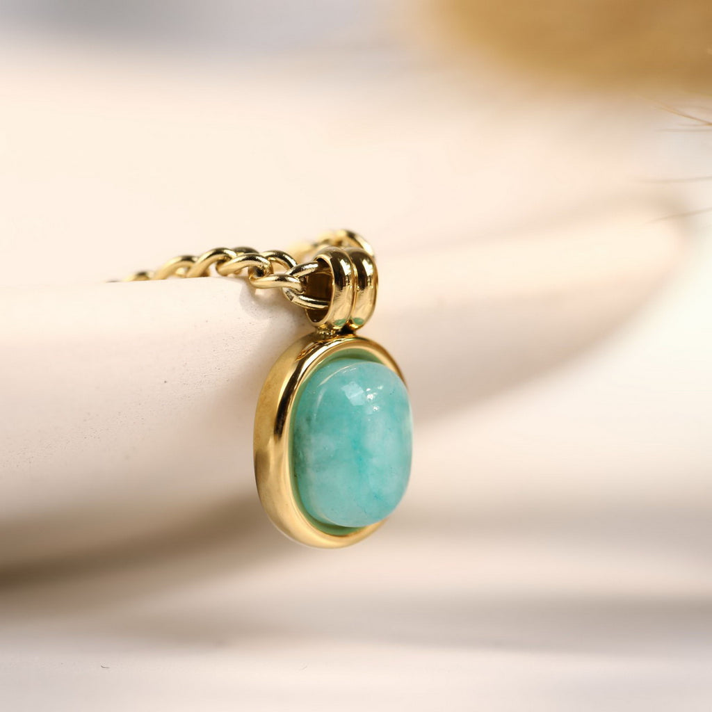 18K real gold color retention mint green Roman natural stone oval Tianhe stone necklace