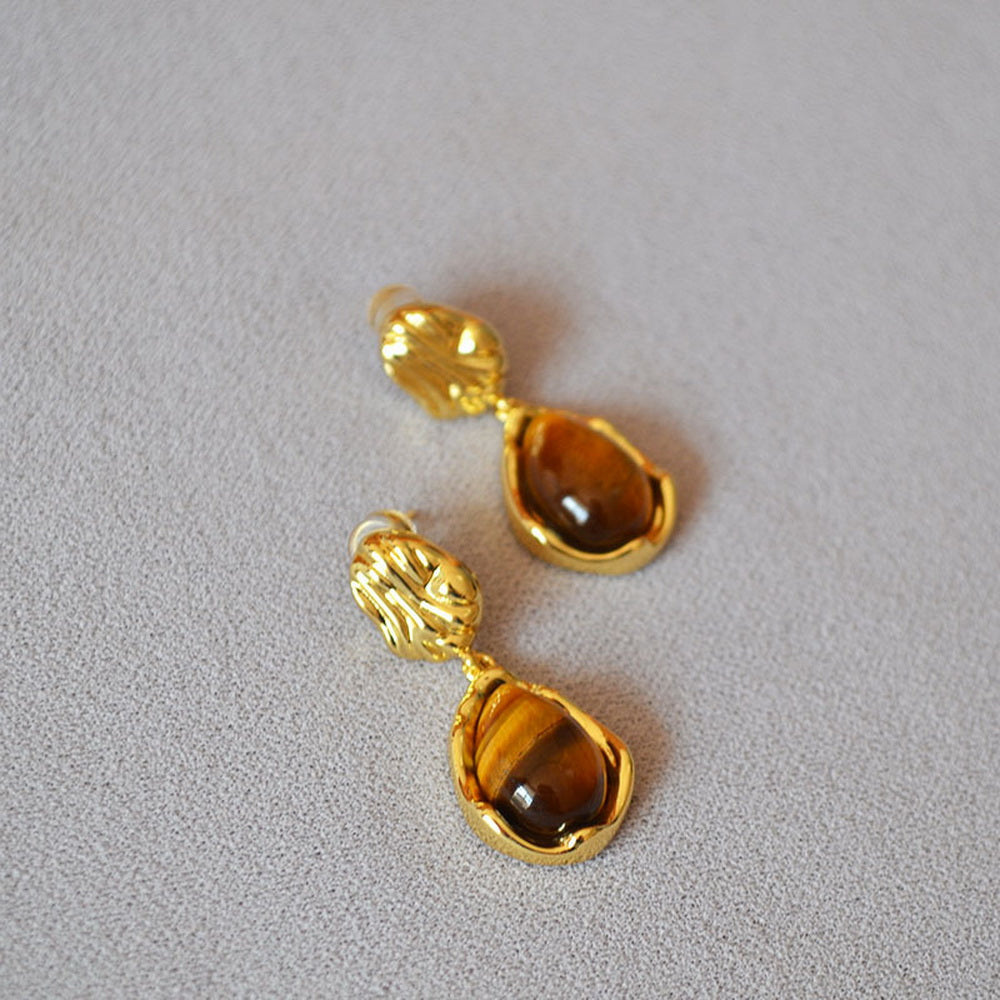 Water-drop tiger's eye stone brass gold-plated earrings